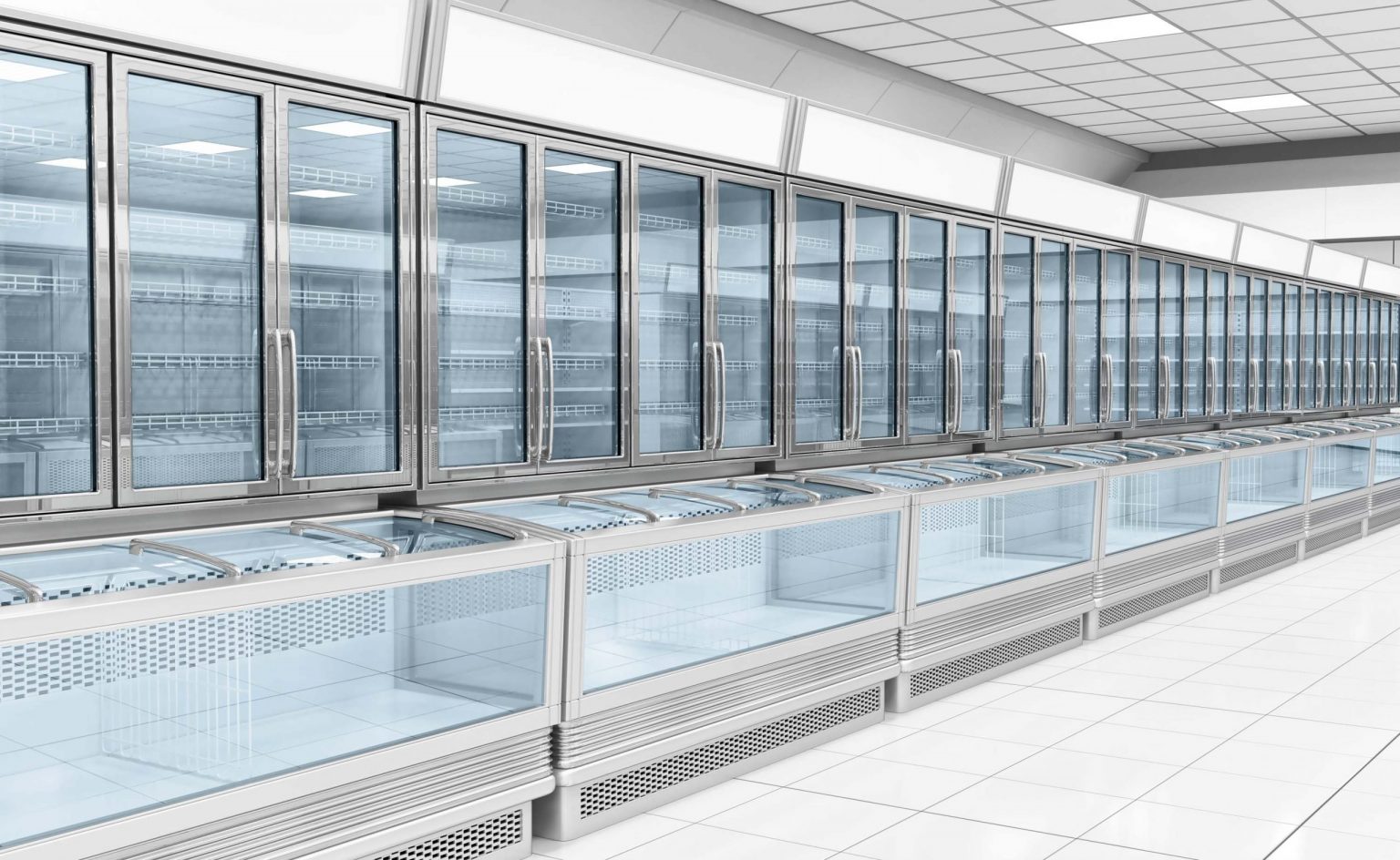 Commercial refrigeration chamber with stainless steel exterior and glass doors, displaying internal shelving units in a bright, professional kitchen or storage environment, conveying reliability and food safety standards.