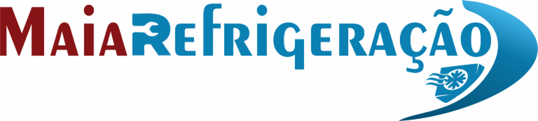 Maia Refrigeração logo featuring red and blue text with a stylized refrigeration symbol