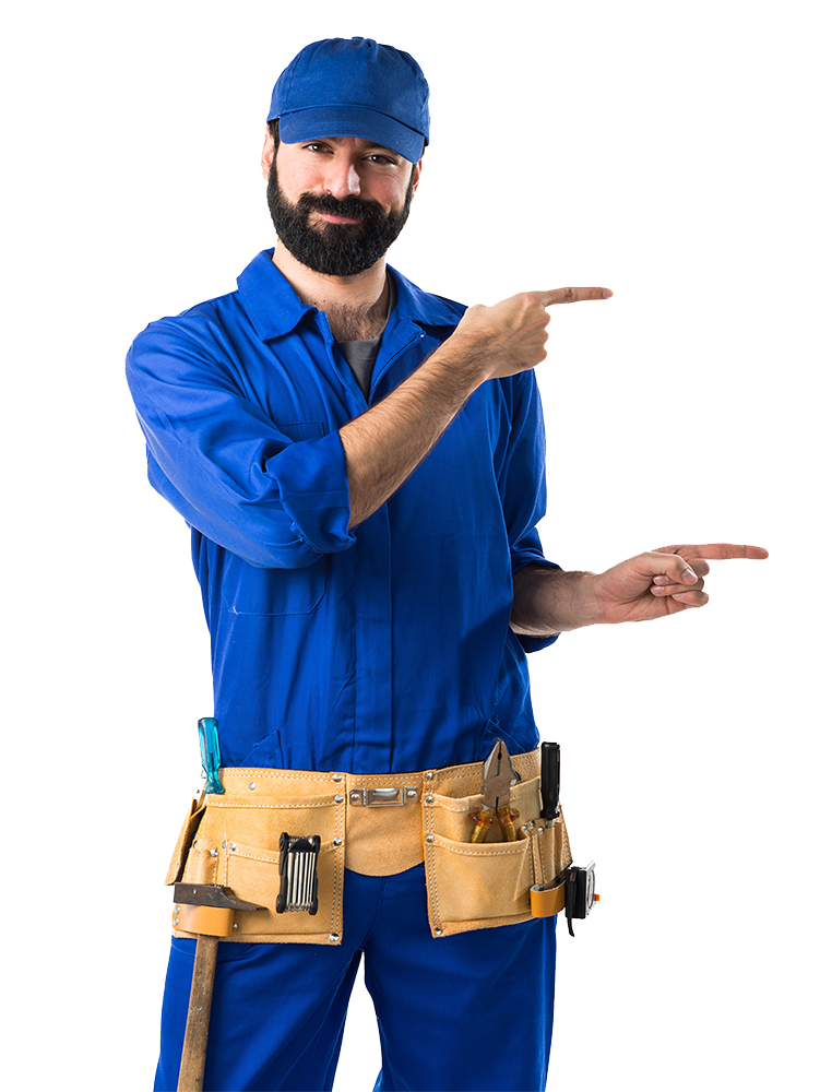 A man pointing to the right, indicating direction, in a bright and inviting environment that suggests a welcoming atmosphere.